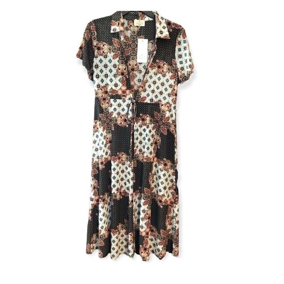 Ember Sz M NWT Black Red Sheer Floral Concert BOHO Front Tie Maxi Duster - Picture 1 of 9
